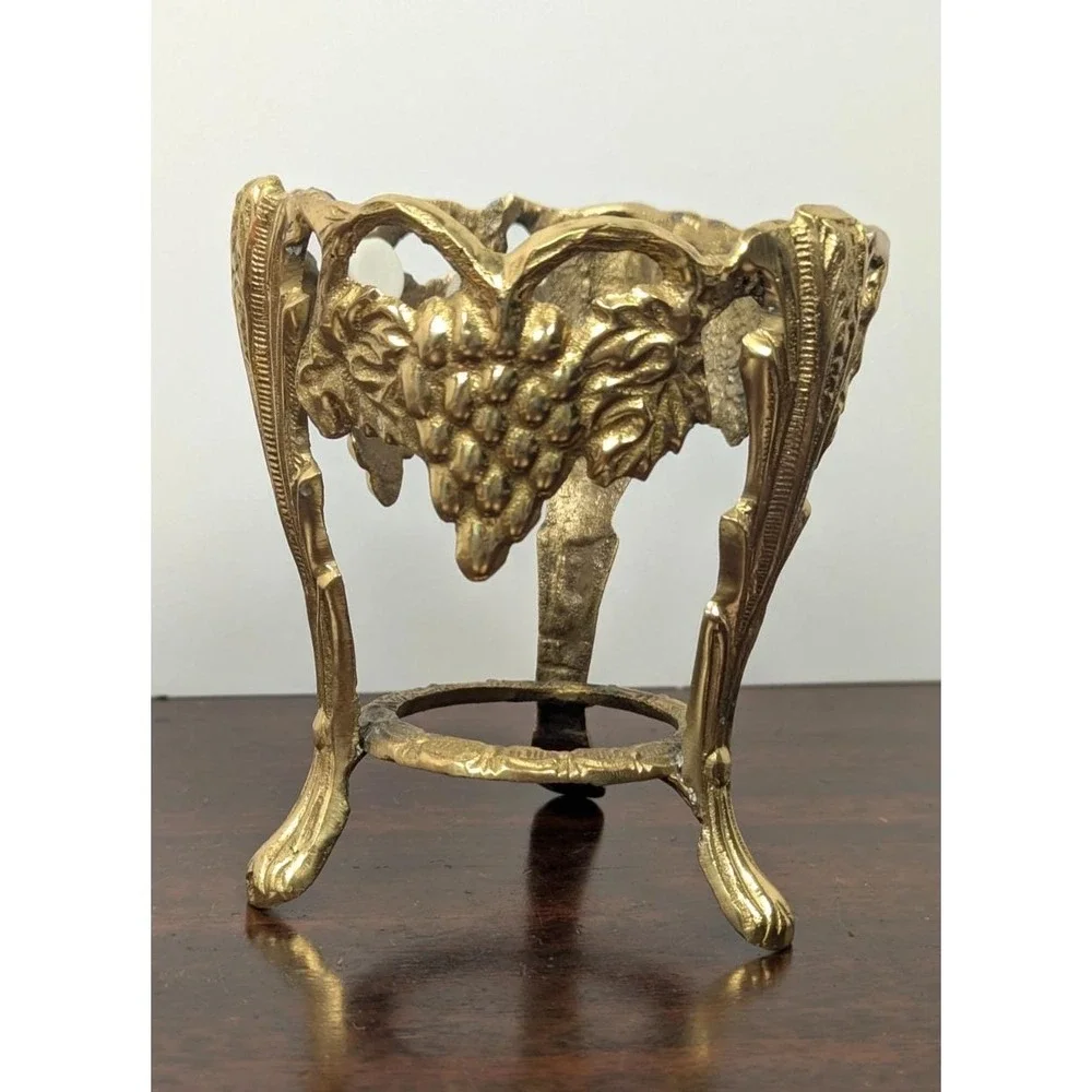 Vintage Cast Brass Grape Cluster Wine Bottle Holder Coaster Stand Gold India